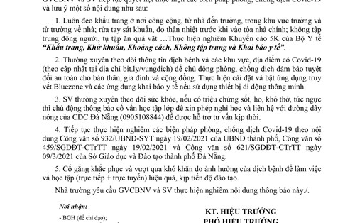 [THÔNG BÁO] (số 5) V/v tiếp tục quyết liệt thực hiện công tác phòng, chống dịch Covid-19